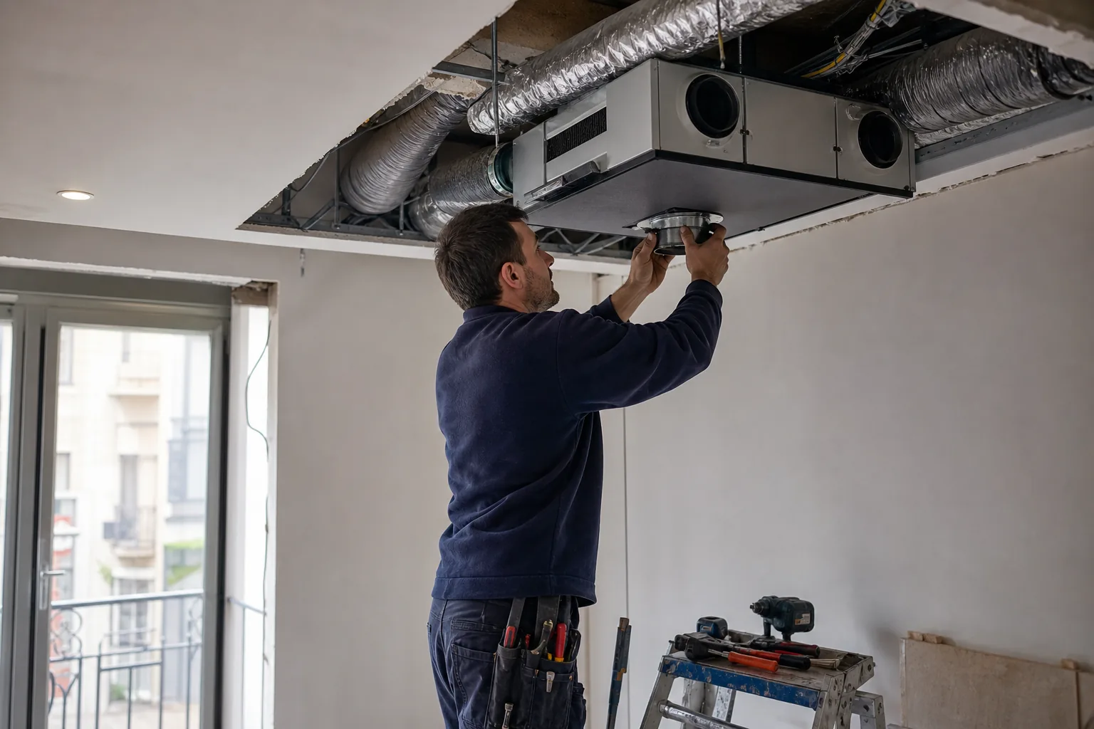 Técnico instalando una unidad de ventilación mecánica con recuperador y conductos