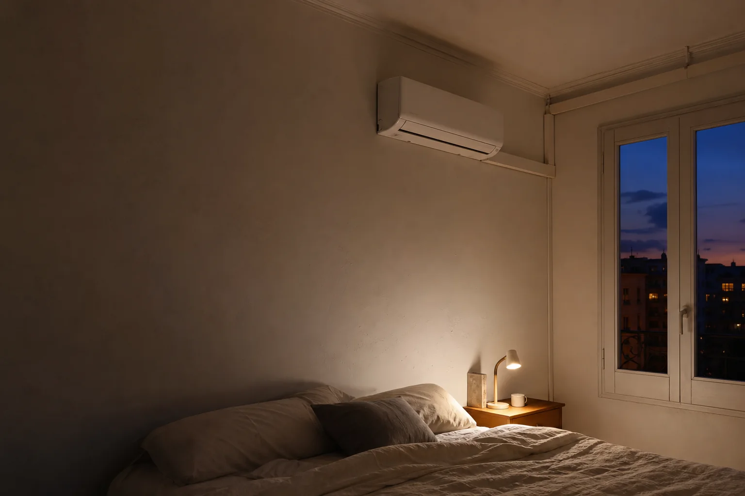 Dormitorio real con un split instalado junto a la pared y luz nocturna
