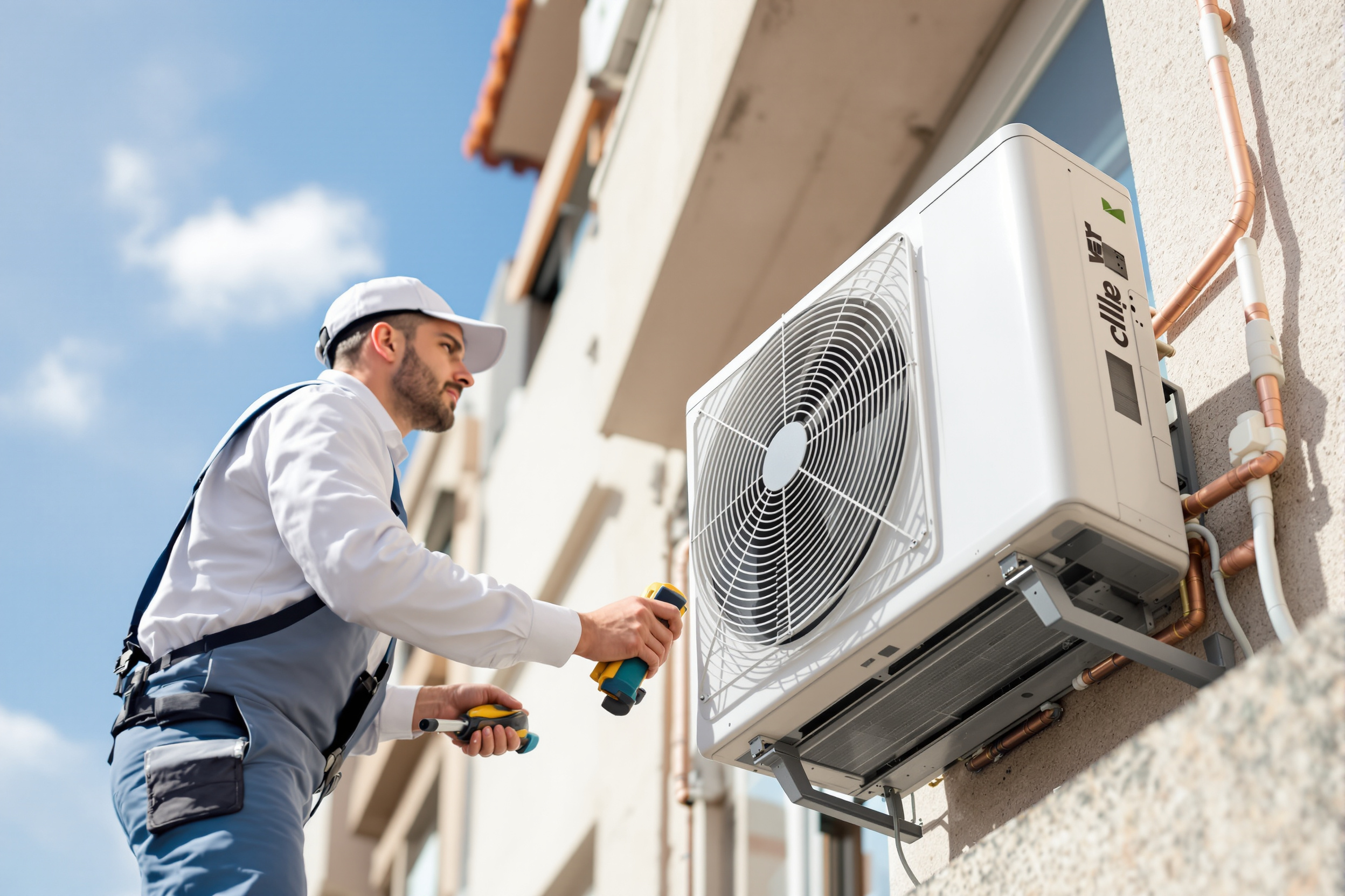 Técnico instalando la unidad exterior de aire acondicionado en la fachada de un edificio de Barcelona