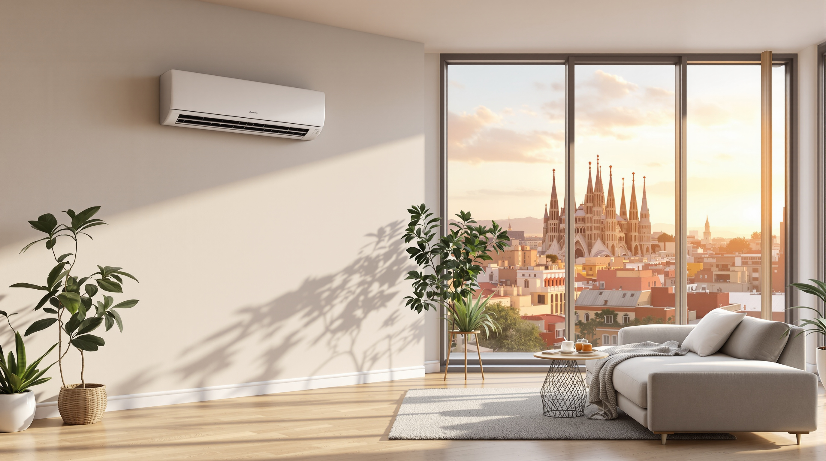 Salón moderno en Barcelona con aire acondicionado split instalado en la pared y vistas a la Sagrada Familia